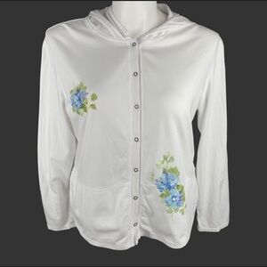 J.Jill White Snap Button 100% Cotton Hoodie w/ Painted Floral Women’s Size Large